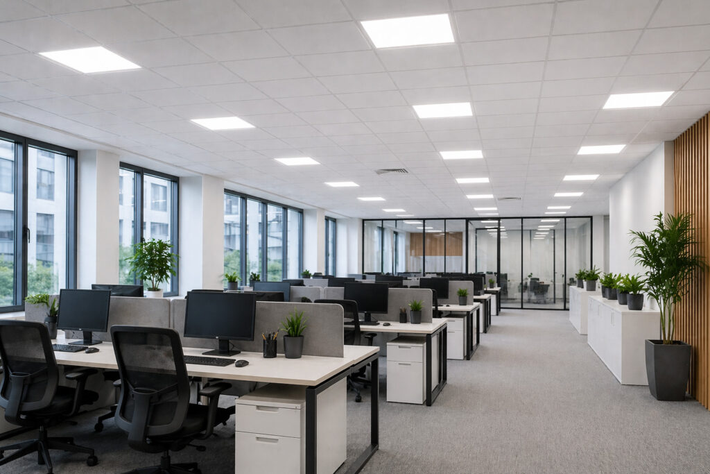 LED panel DALLAS EXPRESS v kancelárskom priestore s rovnomerným osvetlením a nízkym oslnením UGR <22 podľa STN EN 12464-1