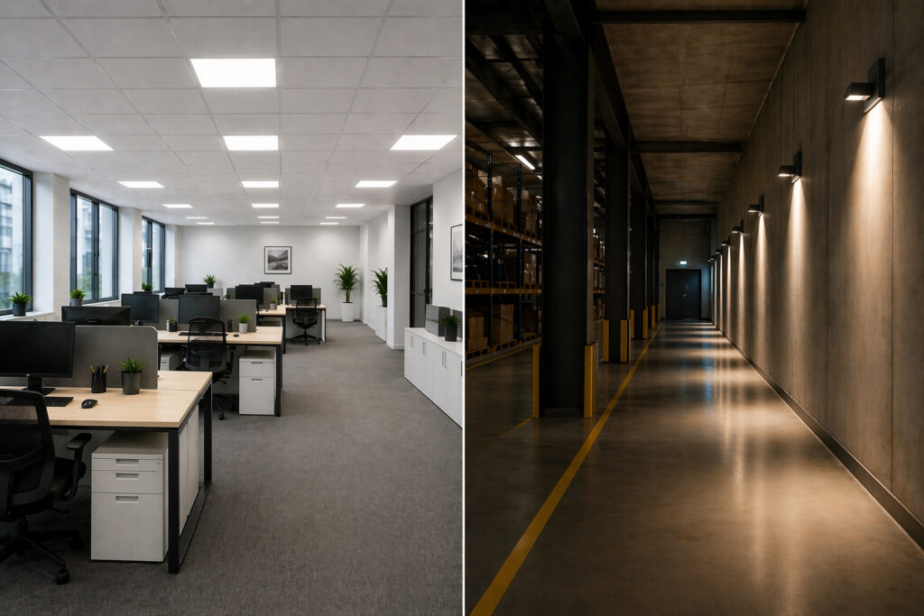Porovnanie symetrického a asymetrického osvetlenia v praxi – kancelársky priestor s rovnomerným svetlom a chodba so smerovým osvetlením podľa STN EN 12464-1