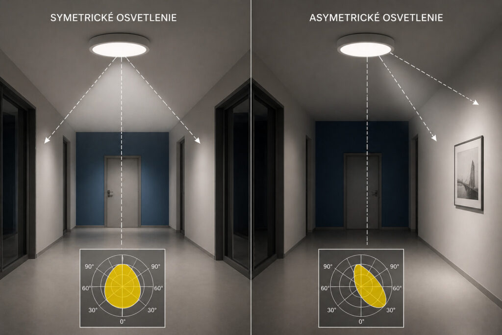 Porovnanie symetrického osvetlenia a asymetrického osvetlenia s rozdielnou distribúciou svetelného toku a svetelnými krivkami podľa STN EN 12464-1