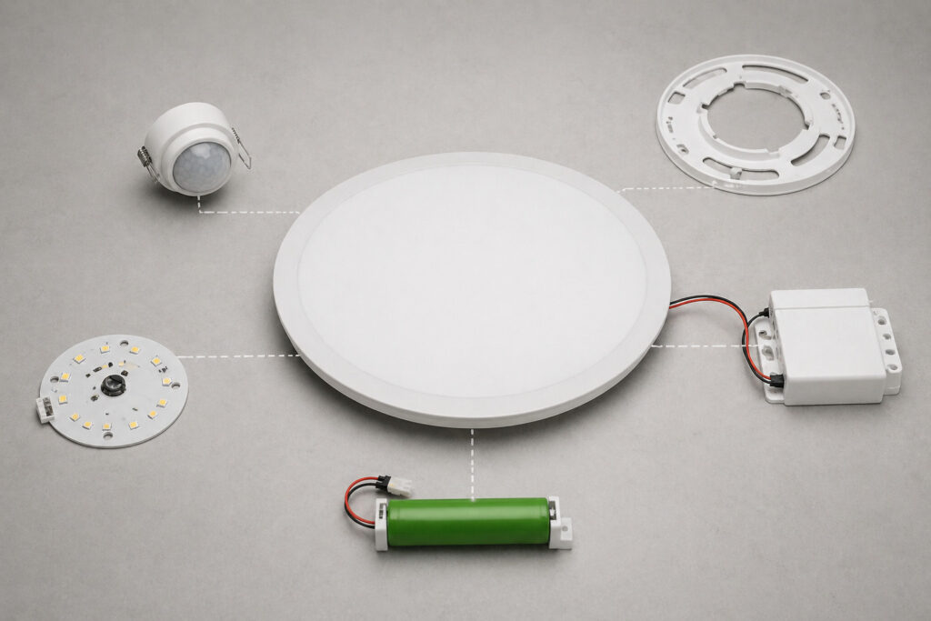 Modulárne LED svietidlo GOLF SLIM MODULAR v rozloženom technickom zobrazení s LED modulom, senzorom prítomnosti, napájacím zdrojom a núdzovou batériou pre flexibilné osvetlenie podľa STN EN IEC 60598