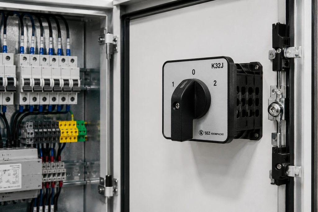 Vačkový spínač K32J s ovládaním na dverách priemyselného rozvádzača pre bezpečné prepínanie elektrických obvodov a ovládanie technológií