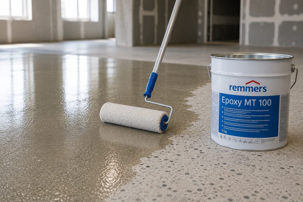 Epoxy MT 100 epoxidová penetrácia aplikovaná na matne vlhký betónový podklad pomocou epoxidového valčeka v priemyselnom objekte