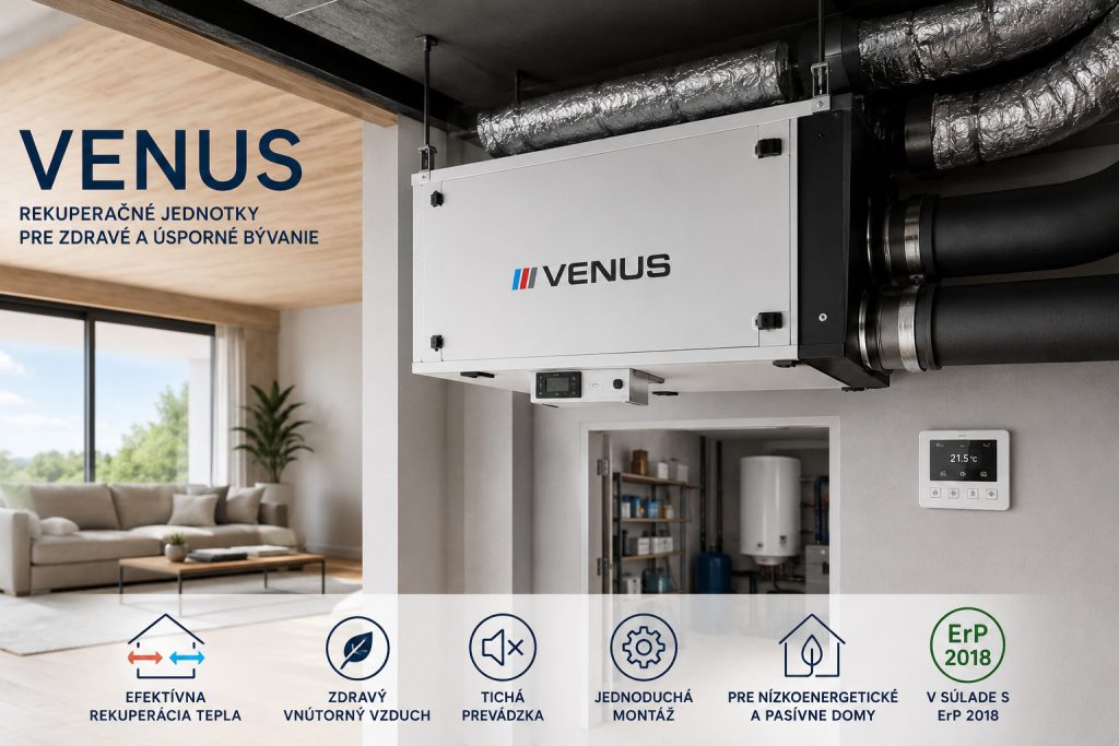 Rekuperačná jednotka VENUS v technickej miestnosti moderného rodinného domu zabezpečuje efektívne rezidenčné vetranie, spätné získavanie tepla a energeticky úspornú prevádzku.
