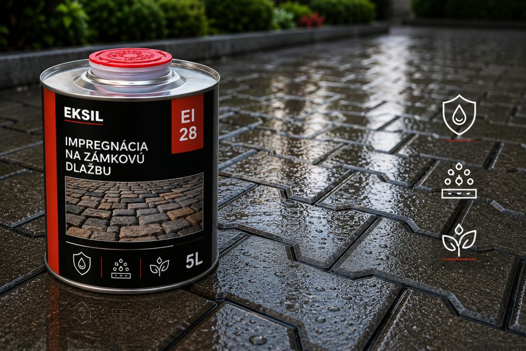 Impregnácia Eksil EI28 na zámkovej dlažbe s hydrofóbnou ochranou proti vode, nečistotám a nasiakavosti povrchu.