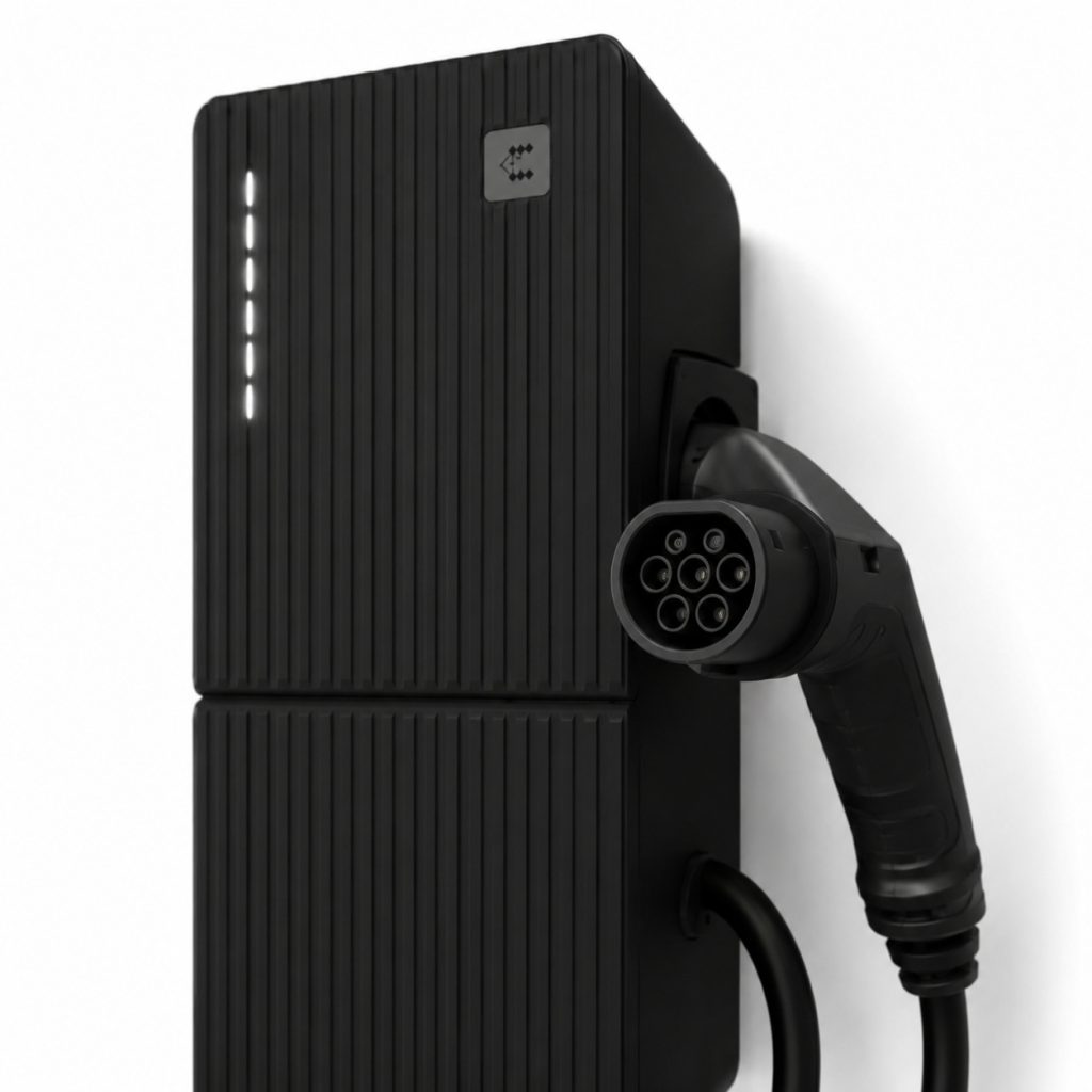 Detail Type 2 konektora a LED indikácie nabíjacej stanice Teltonika TeltoCharge 22 kW pre inteligentné AC nabíjanie elektromobilov s podporou RFID a OCPP 1.6-J.