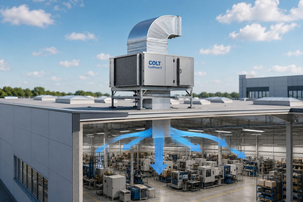 Adiabatické chladenie Colt CoolStream S nainštalované na streche výrobnej haly zabezpečuje energeticky úsporné chladenie, vetranie a prívod čerstvého vzduchu do priemyselných priestorov.