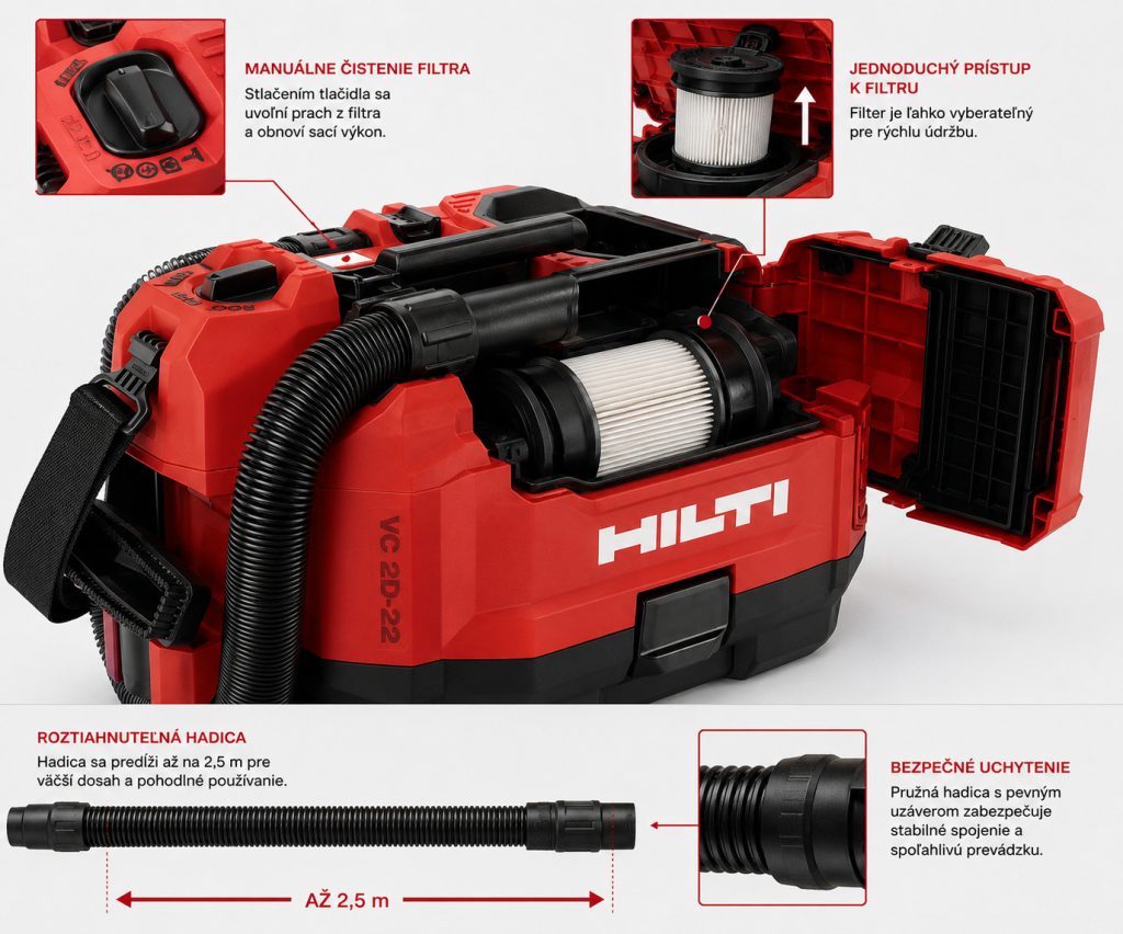 Detail systému čistenia filtra a roztiahnuteľnej hadice stavebného vysávača Hilti VC 2D-22 pre efektívne odsávanie stavebného prachu a jednoduchú údržbu.