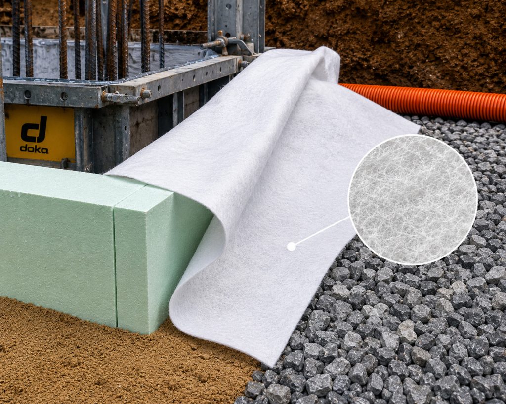 Detail štruktúry netkanej polypropylénovej geotextílie Pinemax pri základovej konštrukcii s kamenivom, drenážnym systémom a tepelnou izoláciou na stabilizáciu podložia a filtráciu vody.