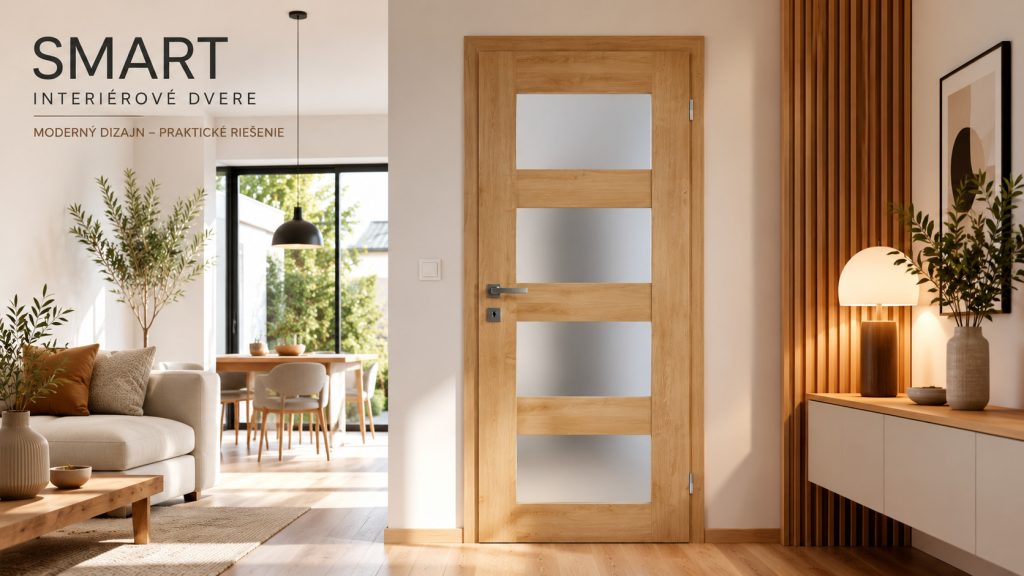 Interiérové dvere SMART v modernom interiéri s prírodným drevodekorom, presklenými segmentmi a minimalistickým zariadením podporujúcim čisté architektonické línie.