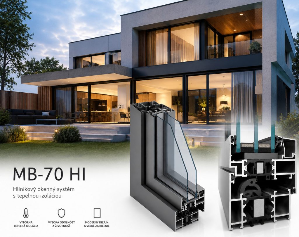 Moderný rodinný dom s veľkoplošným presklením a hliníkovými oknami MB-70 HI s technickým rezom profilu a izolačným trojsklom pre energeticky úsporné bývanie.