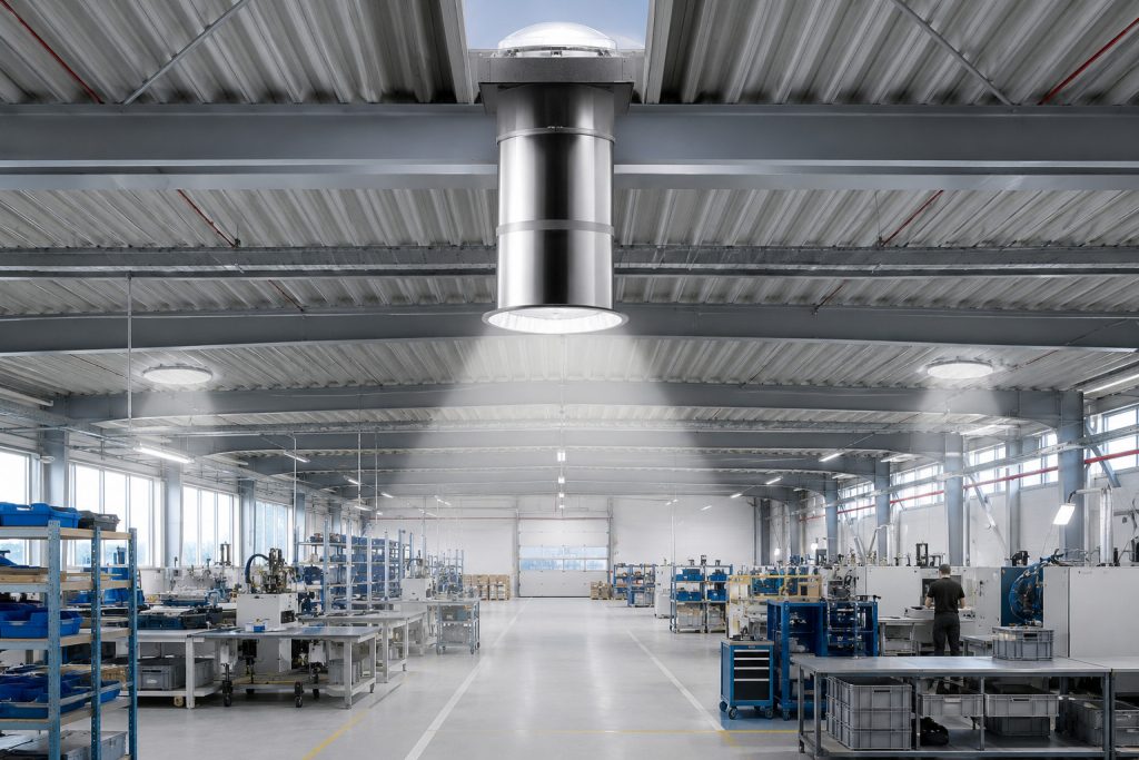 SkyVault M74 DS-740 mm od Solatube® zabezpečuje prirodzené denné osvetlenie výrobnej haly s vysokým stropom a pracovnými zónami.