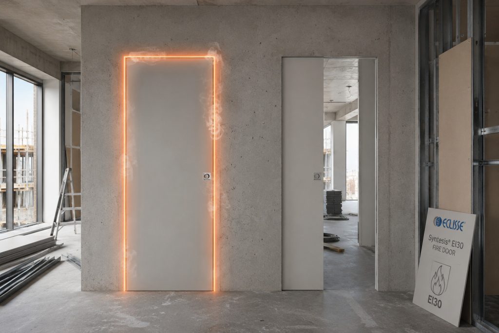 Protipožiarne dvere ECLISSE Syntesis® EI30 na stavbe s minimalistickým dizajnom, požiarnou odolnosťou EI30 a skrytou zárubňou v jednej rovine so stenou
