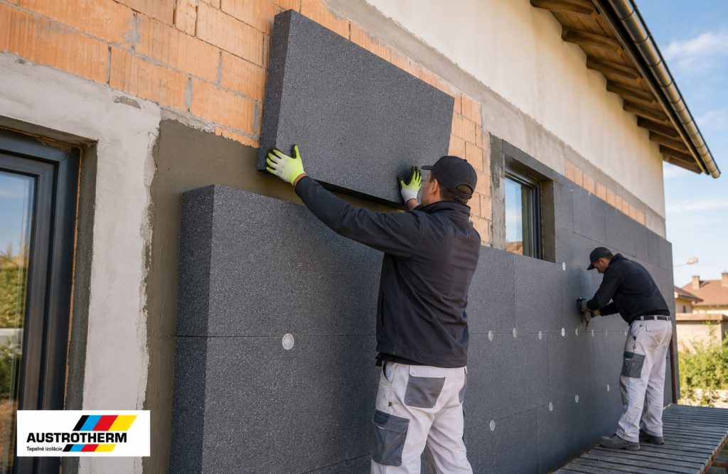 Montáž grafitových izolačných dosiek Austrotherm GrEPS 70 Fasádny na fasáde budovy počas realizácie kontaktného zatepľovacieho systému ETICS pre zvýšenie energetickej efektívnosti a tepelného komfortu.