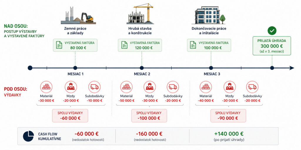 Infografika časového priebehu cash flow stavebného projektu s tromi mesiacmi, zobrazujúca postup výstavby, vystavené faktúry, výdavky na materiál, mzdy a subdodávky, pričom prvá úhrada prichádza až v treťom mesiaci.