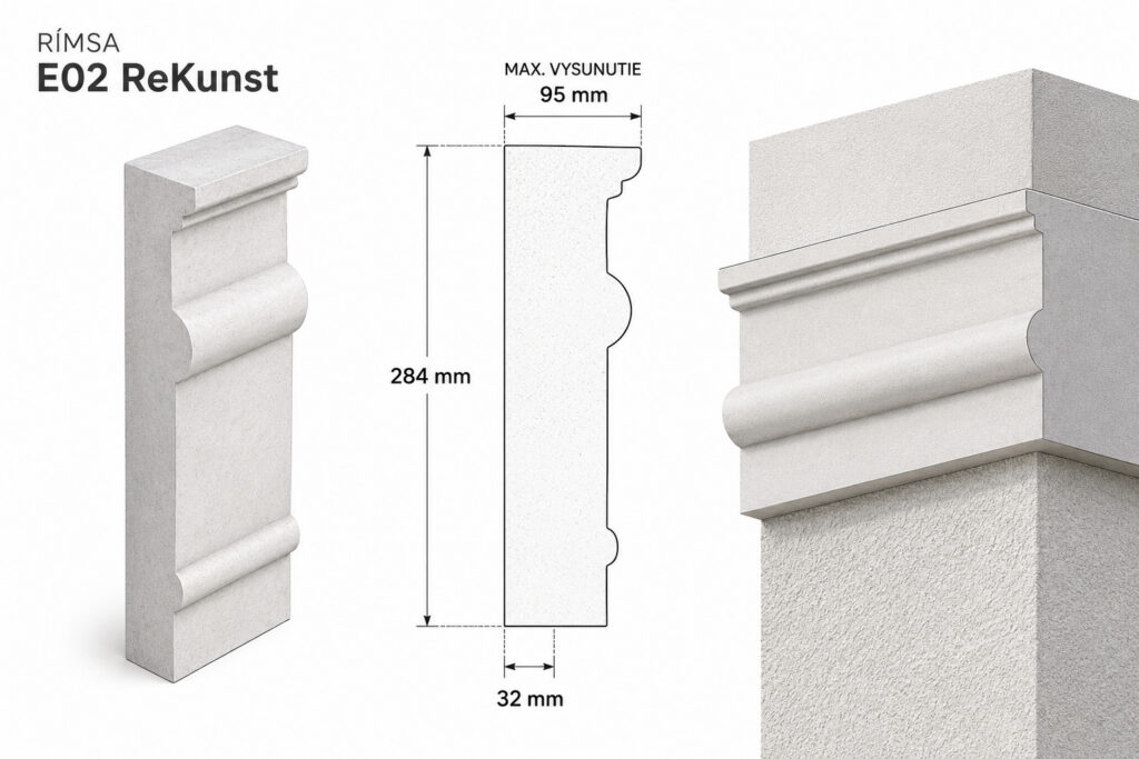 Produktový technický nákres rímsy E02 ReKunst s rozmermi 284 mm, maximálnym vysunutím 95 mm a spodným rozmerom 32 mm pre návrh fasádnych detailov.