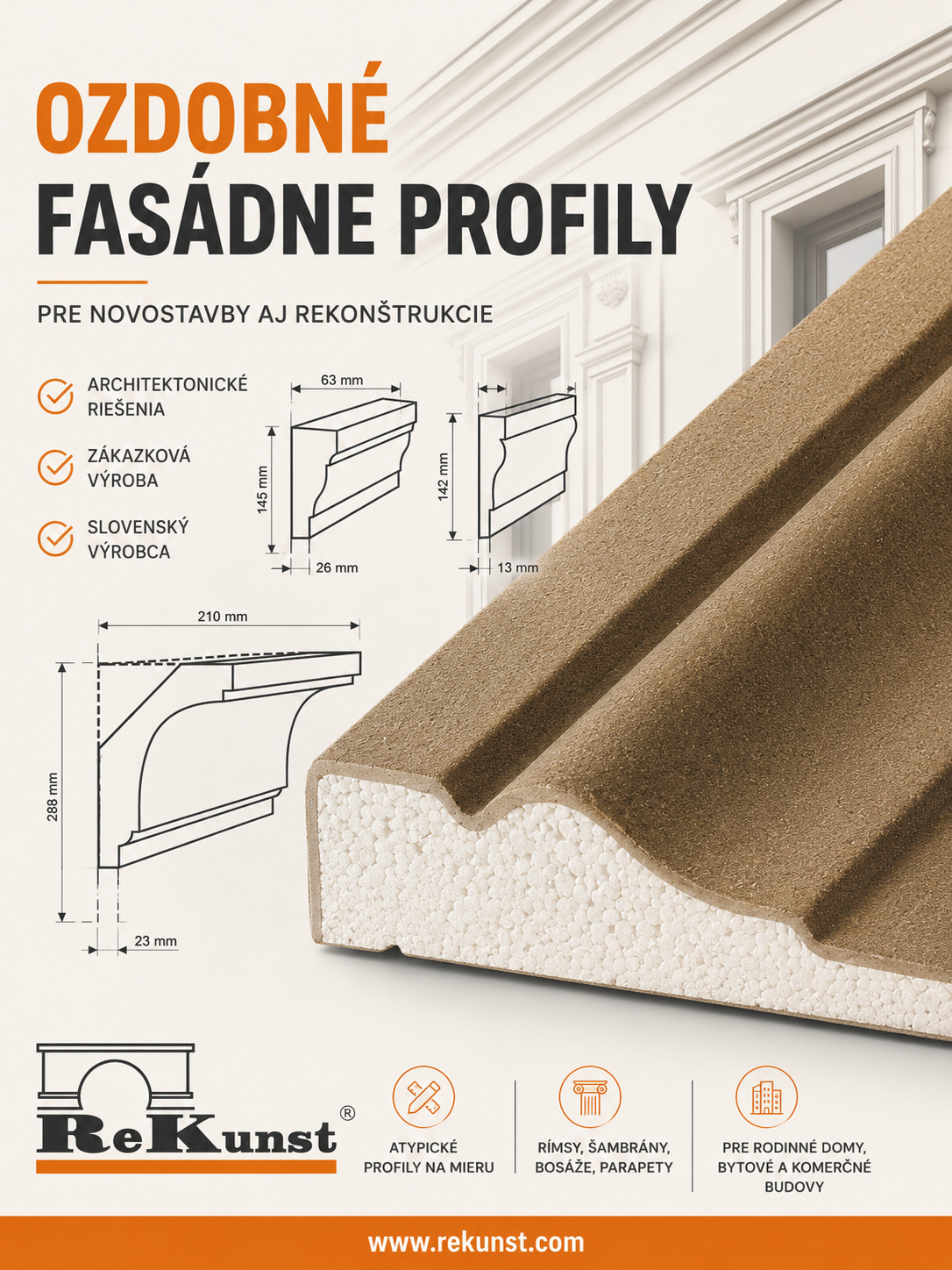 ReKunst – ozdobné fasádne profily pre architektonické detaily novostavieb aj rekonštrukcií