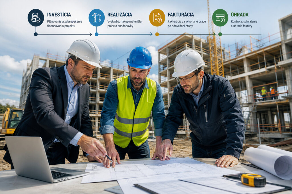 Investor, stavbyvedúci a dodávateľ technológie nad projektovou dokumentáciou na aktívnej stavbe s časovou osou financovania projektu: investícia, realizácia, fakturácia a úhrada.