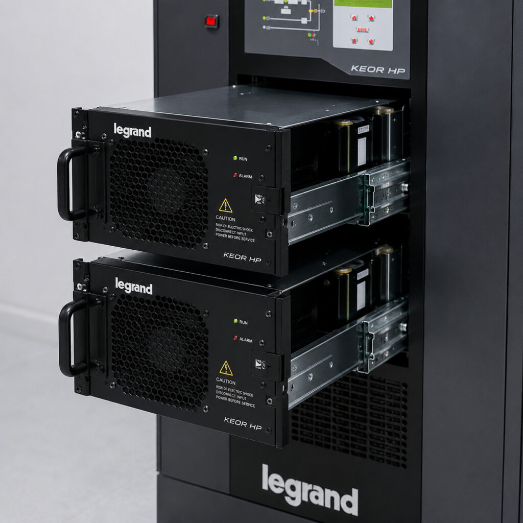 Detail výkonových modulov Legrand Keor HP vysunutých zo skrine počas servisného zásahu modulárneho online UPS systému pre dátové centrá a kritickú infraštruktúru