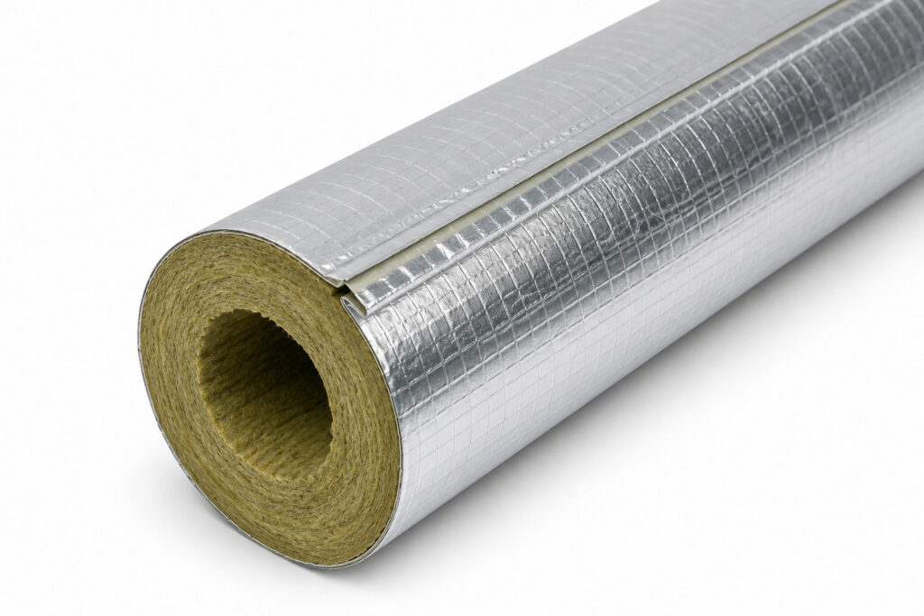 PAROC HVAC Section AluCoat T – potrubná izolačná skruž z kamennej vlny s vystuženou hliníkovou AluCoat fóliou a samolepiacim pozdĺžnym spojom pre tepelnú izoláciu HVAC potrubných rozvodov.