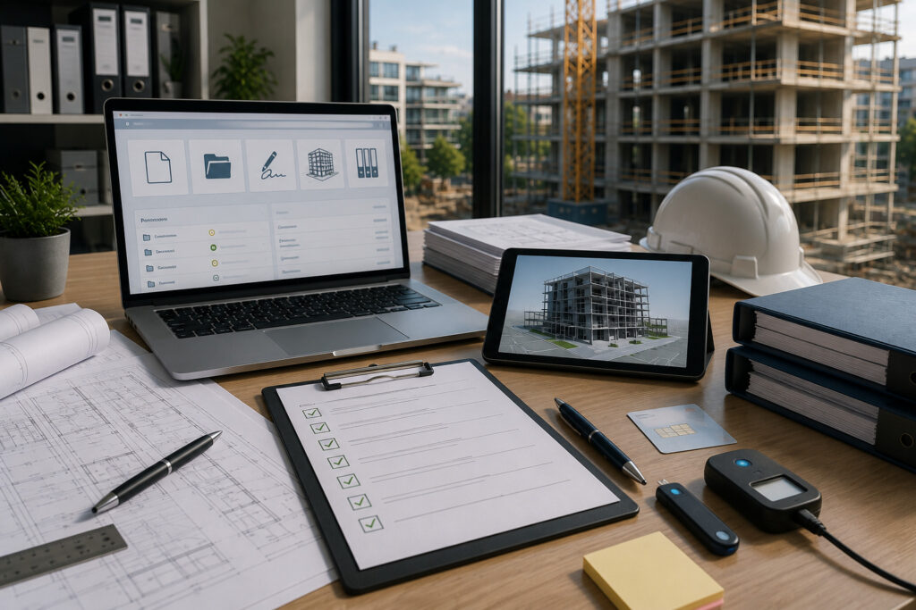 Projektová dokumentácia, kontrolný zoznam, digitálny model budovy a notebook pripravené na kontrolu elektronického podania cez Portál výstavby.