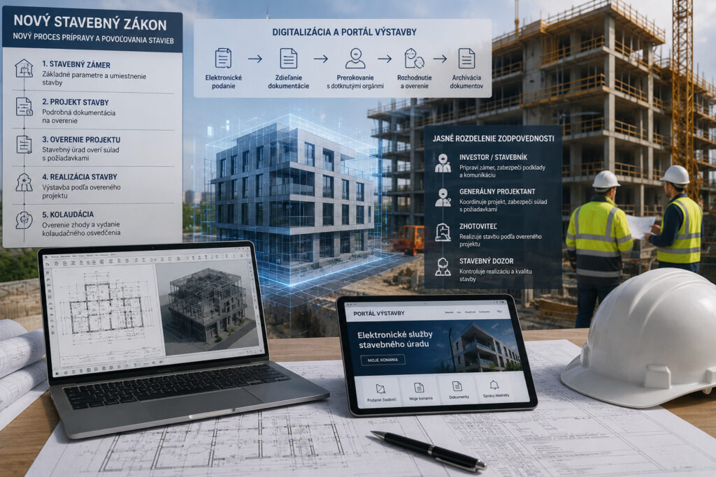 Projektová dokumentácia, digitálny model budovy a rozostavaná stavba znázorňujú nový proces prípravy, koordinácie a povoľovania stavieb podľa nového stavebného zákona.
