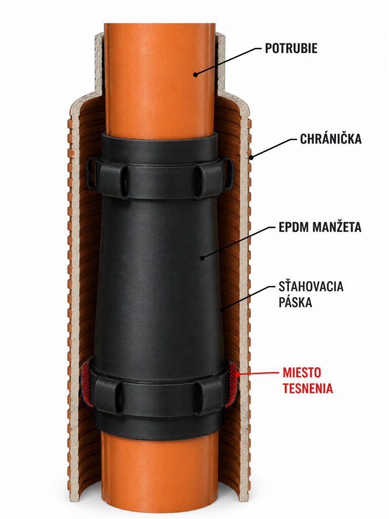 Technický rez tesniacou manžetou C s označenými časťami – potrubie, chránička, EPDM manžeta, sťahovacia páska a miesto tesnenia, zobrazujúci správne utesnenie prestupu potrubia proti vode, vlhkosti a prenikaniu zeminy.