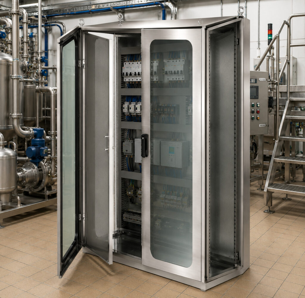 Nerezová rozvádzačová skriňa FLEXTEC ARMOD s priehľadnými dverami osadená v priemyselnej prevádzke na ochranu elektrických a automatizačných zariadení.