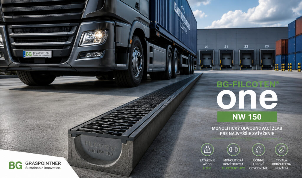 BG-FILCOTEN one NW 150 odvodňovací žľab F 900 na logistickej ploche s nákladným vozidlom