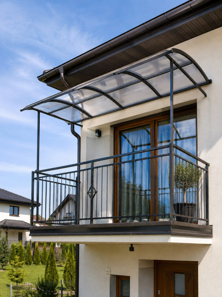 Prístrešok na balkón POLAS s elegantnou kovovou konštrukciou a čírou polykarbonátovou krytinou prirodzene dopĺňa architektúru moderného rodinného domu. Individuálne navrhnuté zastrešenie balkóna pomáha obmedziť priame pôsobenie dažďa a slnečného žiarenia na prekrytú časť balkóna, pričom zachováva dostatok prirodzeného denného svetla. Spoločnosť POLAS okrem prístreškov na balkón vyrába aj prístrešky na terasy, prístrešky na autá, bodové svetlíky, pásové svetlíky a ďalšie polykarbonátové systémy pre rodinné, bytové aj komerčné stavby.