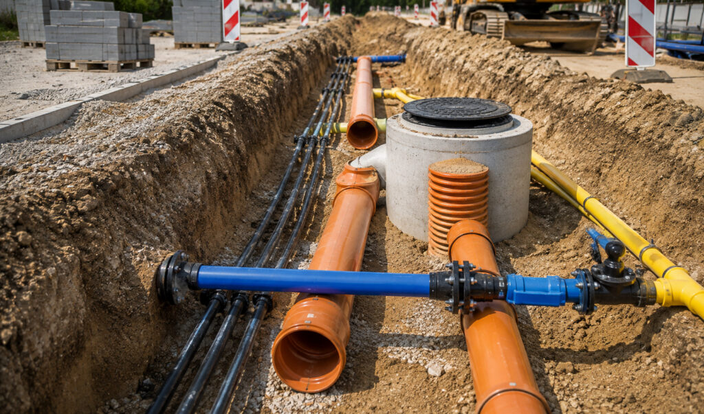 Technický detail inžinierskych sietí s vodovodom, kanalizáciou a kanalizačnou šachtou počas realizácie infraštruktúry.