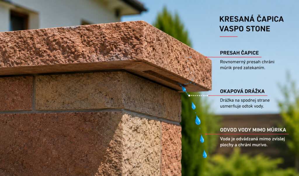 Spodná okapová drážka kresanej čapice VASPO STONE s odvodom dažďovej vody mimo plotového múrika