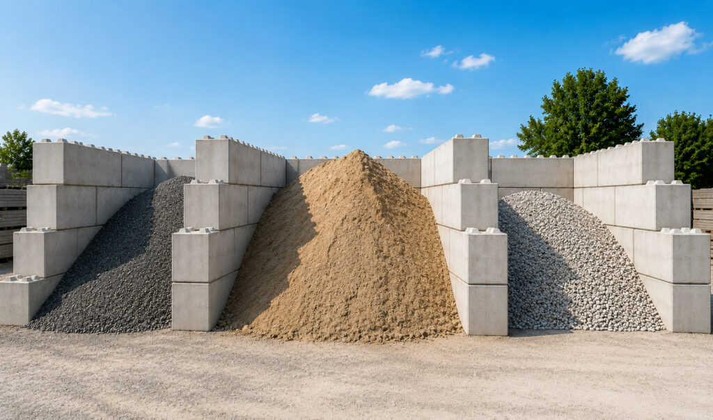 Betónové kocky Sebő vytvárajú modulárne boxy na skladovanie piesku, kameniva a ďalších sypkých materiálov. Systém plných betónových blokov umožňuje variabilné usporiadanie, rýchlu montáž a demontáž podľa potrieb skladového alebo prevádzkového areálu.