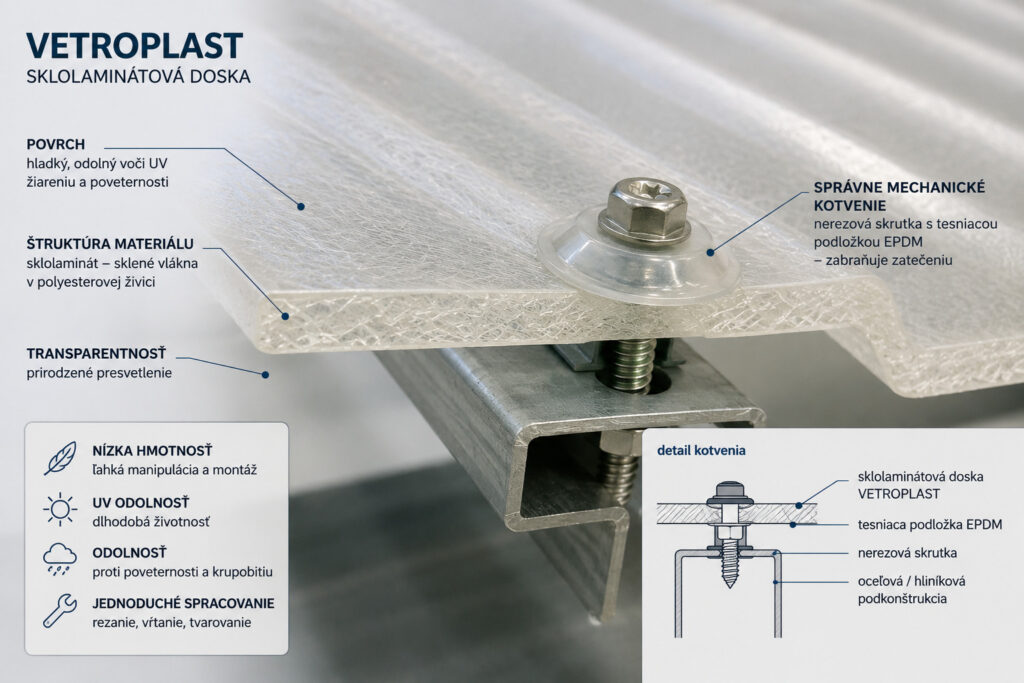 Detail sklolaminátovej dosky VETROPLAST so štruktúrou sklených vlákien a mechanickým kotvením k podkonštrukcii.