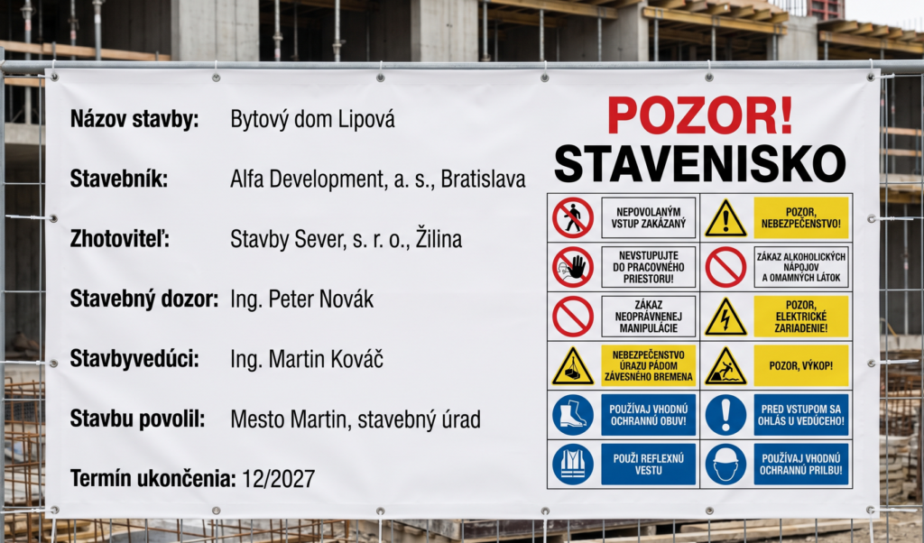 Informačná tabuľa staveniska s údajmi o stavbe a bezpečnostnými zákazovými, výstražnými a príkazovými značkami na oplotení.