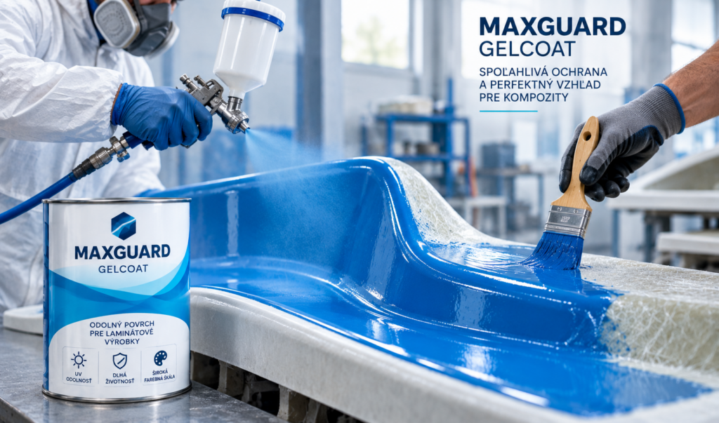Aplikácia gelcoatu MAXGUARD striekaním a štetcom na povrch laminátového kompozitného dielca.