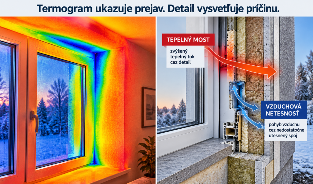 Termografický obraz okna porovnaný s rezom konštrukcie zobrazujúcim tepelný most a vzduchovú netesnosť.